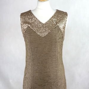 MAYA Bodycon Gold Sequin Dress Size UK 12 Knee length V-neck Textured Evening